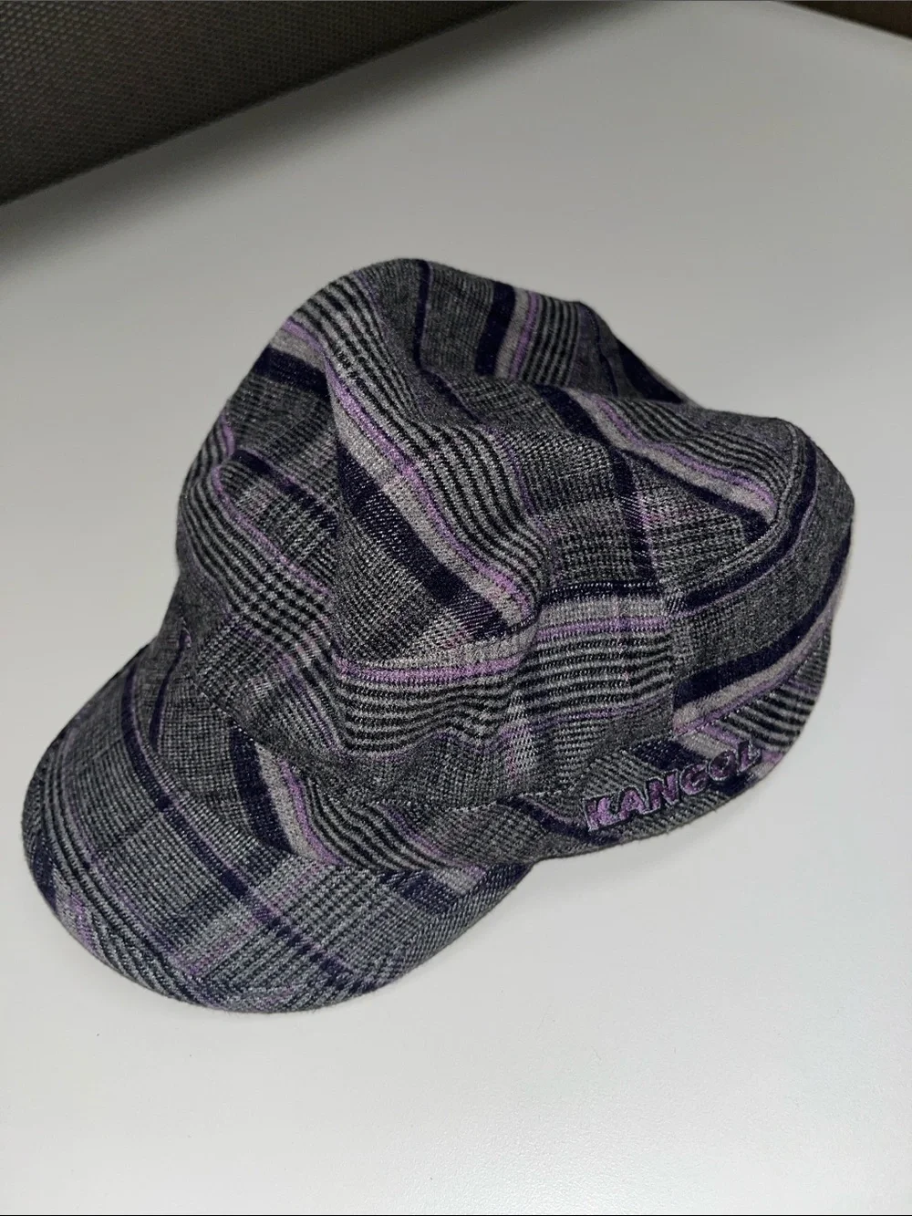 Kangol Gray Plaid Driver / Newsie Cap with Purple Accents